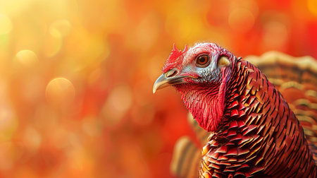 Close-up of a turkey head against a blurred autumn background. Concept of wildlife, Thanksgiving, agricultural fairs. Copy space.の写真素材