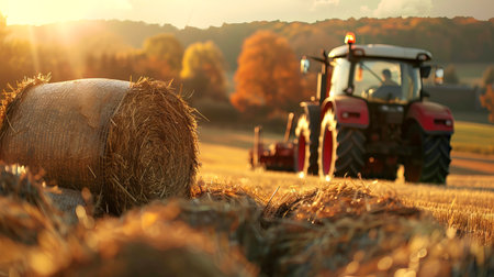 Farmer using tractor for baling hay in field at sunset. Concept of agriculture, farm machinery, rural landscape.の写真素材
