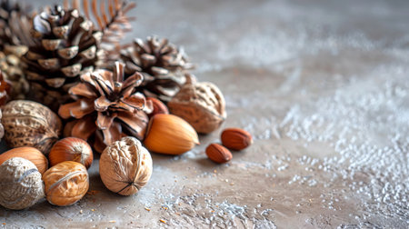 Festive winter composition with nuts and pine cones on a textured backdrop. Concept of holiday...