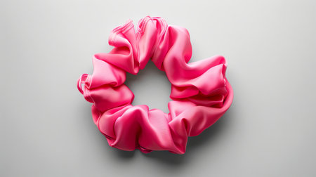 Pink silk hair scrunchie on a white background. Concept of hair accessory, fashion, beauty styling. Copy space.の写真素材