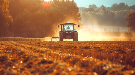 Male farmer plowing field at sunrise in a tractor, concept of agriculture, farming, rural landscape.