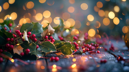 Festive Holly Berries on Textured Background, Concept of Winter Decoration, Seasonal Nature, Holiday Atmosphere. Copy space.