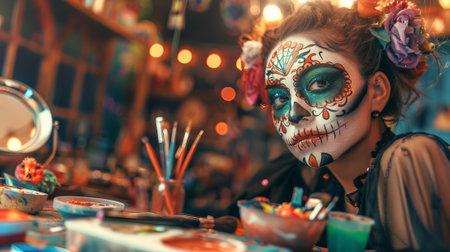 Woman with Day of the Dead makeup creating festive decorations. Concepts of cultural celebration,...