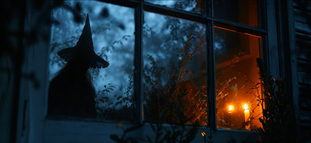 Silhouetted witch figure in a window with glowing jack-o-lantern. Concept of Halloween, spooky...