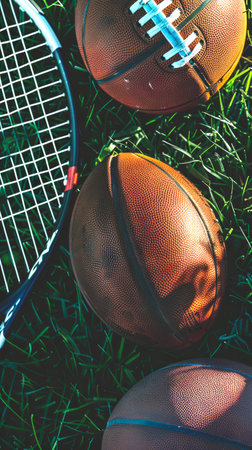 Multiple sports equipment including football, basketball, and tennis racket on green grass. Concept...