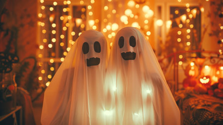 Two ghostly figures in white sheets with black eye cutouts in a festive, illuminated street. Concept...