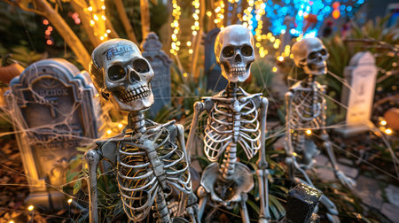 Group of skeletons in humorous poses arranged in a Halloween setting. Concept of Halloween...