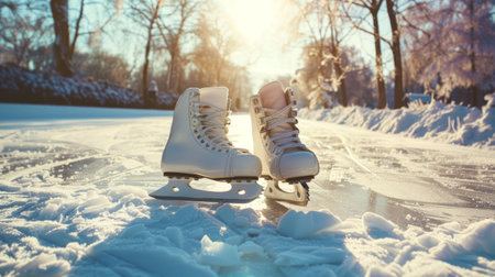 White ice skates on a frozen outdoor pond at sunset. Concept of winter sport, ice skating, seasonal...
