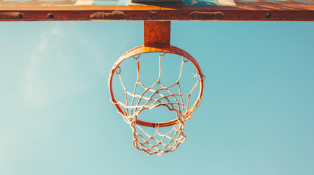 Basketball hoop with net against a clear blue sky. Concept of sports equipment, basketball court,...