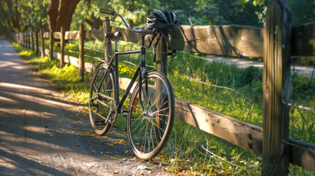 Bicycle leaned against a wooden fence on a sunny day in the park. Concept of outdoor activity,...