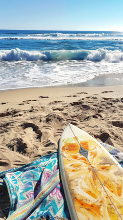 Surfboard and colorful towel on a sandy beach with ocean waves. Concept of summer, surfing, beach...