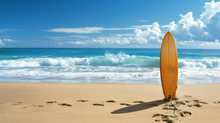 Surfboard standing upright on sandy beach by the ocean. Concept of surfing, beach life, summer...