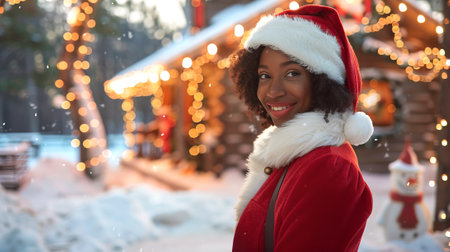 African American woman in Santa Claus outfit smiling outdoors. Concept of Christmas, festive celebration, winter holiday, joyful season.のeditorial素材