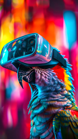 Vivid scarlet macaw with colorful feathers in a neon setting. Concept of parrot, bird, wildlife,...