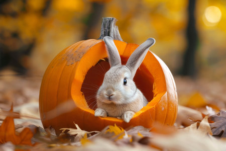 Adorable gray rabbit peeking out of a carved pumpkin in autumn setting. Concept of cute animals, fall season, Halloween decoration, natural habitat.の写真素材