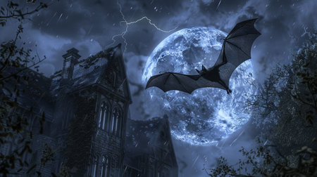 Gothic castle under a full moon with a large bat flying nearby. Concept of spooky scene, night sky,...