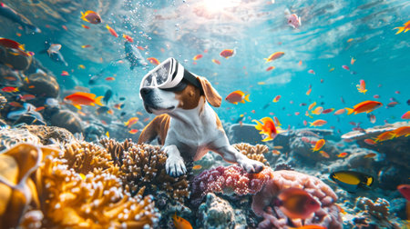 Beagle wearing virtual reality glasses underwater amidst colorful coral and fish. Concept of...