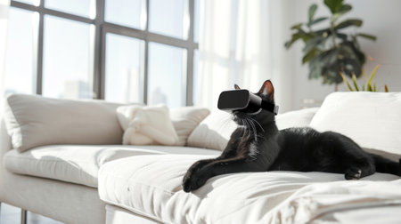 Black cat wearing virtual reality headset on a cozy white sofa in a modern living room. Concept of pet technology, futuristic domestic animals, home comfort, VR pets.の写真素材