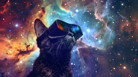 Black cat wearing VR headset in a colorful starry galaxy. Concept of virtual reality, space exploration, futuristic technology, digital world, funny pet.の写真素材