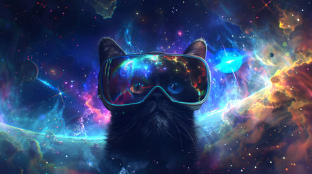 Black cat wearing VR headset in a colorful starry galaxy. Concept of virtual reality, space...
