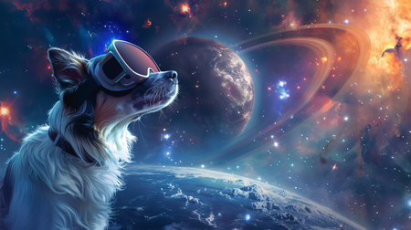 Australian shepherd dog wearing a VR headset in a space-themed background. Concept of virtual...