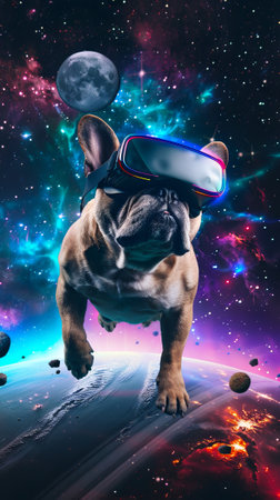 French bulldog wearing futuristic goggles in a cosmic space background. Concept of dogs, space...