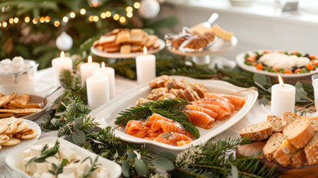 Festive Christmas buffet table with assorted appetizers and decorations Concept of holiday feast,...