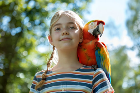 Young Caucasian girl with a colorful parrot on shoulder outdoors in sunlight. Concept of friendship,...