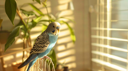Blue Parakeet Sitting on a Cage in a Sunlit Room. Concept of Pet Birds, Domestic Animals, Home...