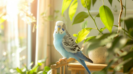 Blue Parakeet Sitting in a Sunlit Room. Concept of Pet Birds, Domestic Animals, Home Decor, Peaceful Ambiance.の写真素材