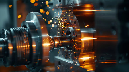 Lathe machine in a workshop with flying sparks. The bright orange sparks illuminate the metal...