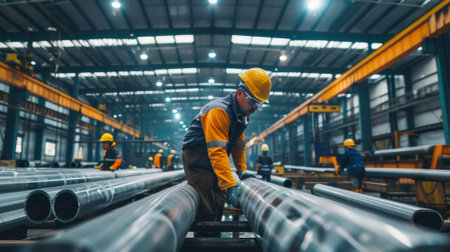 Hispanic and Asian male workers in a modern factory handling steel pipes. Concept of industrial...