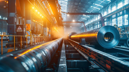 Industrial factory interior with giant metal pipes and machinery. Concept of manufacturing, heavy...
