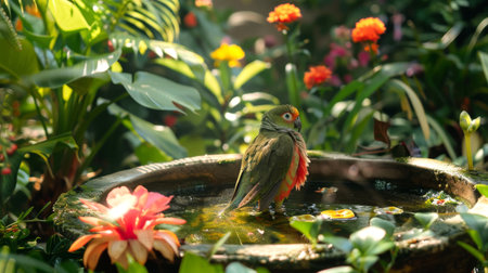 Grey parrot standing on a rock in a vibrant garden pond. Concept of birdwatching, nature.