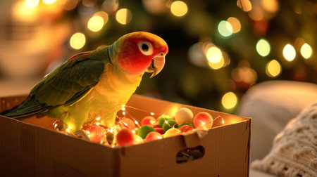 Colorful parrot sitting in a cardboard box with holiday lights and bokeh background. Concept of...