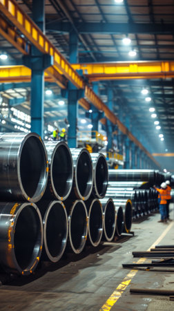 Wide-angle view of an industrial warehouse with metal pipes. Concept of manufacturing, industry,...