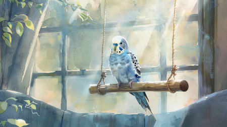Blue and white budgerigar sitting on a perch in a sunlit room. Concept of bird, birdwatching,...