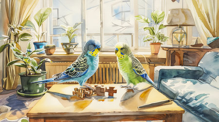 Watercolor painting of two budgerigars in cozy living room with plants and toys. Concept of pet...
