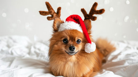 Pomeranian dog wearing reindeer antlers and a Santa hat. Concept of festive pet, Christmas, holiday,...
