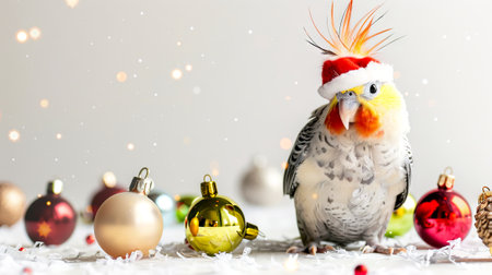 Cockatiel with a Santa hat among Christmas ornaments. Concept of holiday pets, festive birds,...