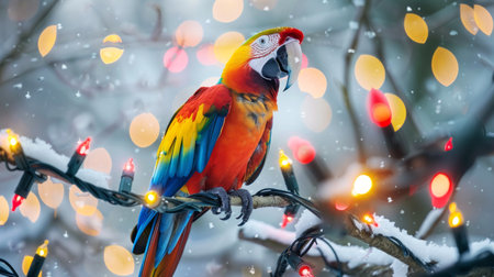 Vibrant red macaw parrot on a snowy branch with colorful holiday lights. Concept of Christmas, exotic bird, winter season, holiday decoration, animal in nature. Copy space.の写真素材