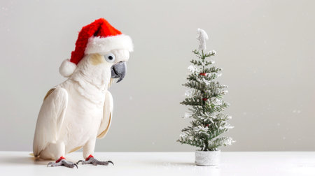 Cockatoo bird wearing Santa hat next to miniature Christmas tree. Concept of holiday season, Christmas decorations, festive animals.の写真素材