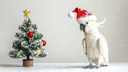 Cockatoo bird wearing Santa hat next to miniature Christmas tree. Concept of holiday season, Christmas decorations, festive animals.の写真素材