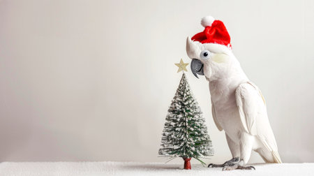Cockatoo bird wearing Santa hat next to miniature Christmas tree. Concept of holiday season, Christmas decorations, festive animals.の写真素材