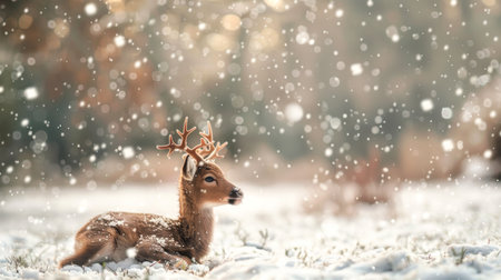 Adorable baby deer resting on snowy ground with a blurred forest background. Concept of winter wildlife, nature beauty, serene landscape, calmness.の写真素材