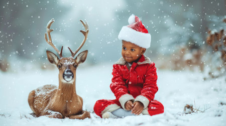 African American child in a Santa hat with a plush reindeer in a snowy landscape. Concept of Christmas, winter holiday, childhood, festive season.の写真素材