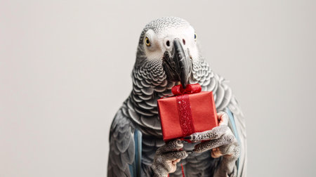 African gray parrot holding a small red gift box against a plain white background. Concept of exotic pets, holiday cheer, Christmas spirit, festive bird.の写真素材