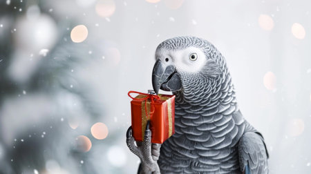 African gray parrot holding a small red gift box against a plain white background. Concept of exotic pets, holiday cheer, Christmas spirit, festive bird.の写真素材