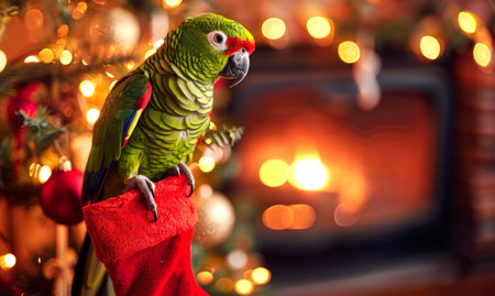 Colorful parrot perched in a cozy holiday setting near a fireplace. Concept of exotic pet, Christmas decorations, festive home interior, tropical bird. Copy space.の写真素材
