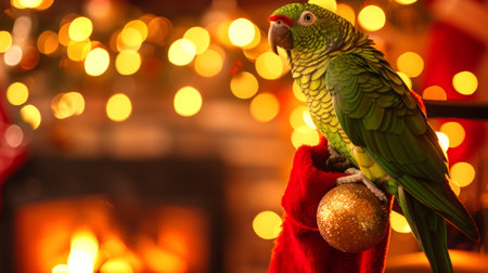 Colorful parrot perched in a cozy holiday setting near a fireplace. Concept of exotic pet, Christmas decorations, festive home interior, tropical bird. Copy space.の写真素材